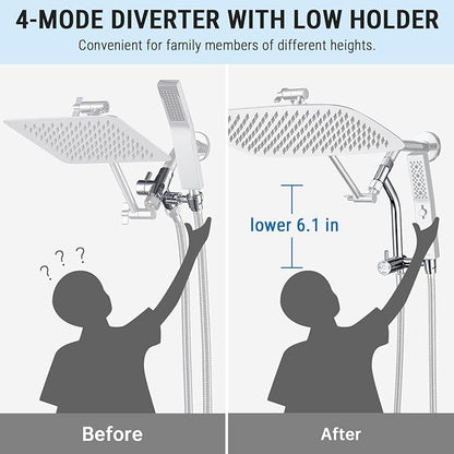G-Promise 16 Inch All Metal Rain Shower Head with Handheld Spray (Chrome) | Suits Every Height, Pause Mode Diverter, Massage Mode Handheld, Full Body Coverage, Easy to Install, Modern Bath Upgrade