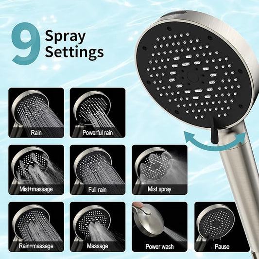 SR SUN RISE NSF Certified Filtered Shower Head with Handheld for Hard Water to Remove Chlorine High Pressure 9-Spray Setting (with Power Wash) Anti-Clog Nozzles(1Filter, Brushed Nickel)