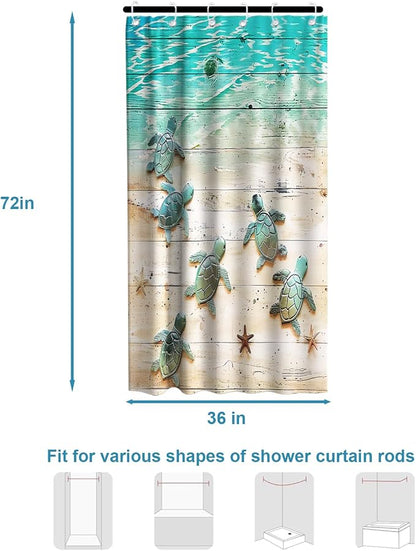 Cute Ocean Kids Shower Curtain, Beach Nautical Tropical Sea Turtle Shower Curtains for Bathroom, Waterproof Bath Curtain with Hooks Machine Washable Bathtub Curtains 36x72 Inch Blue Green