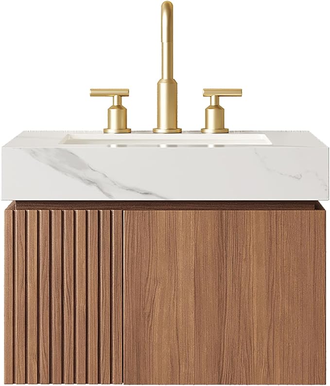 KEIKI 24 Inch Floating Bathroom Vanity with Sink, Brown Oak & White | Modern Wall Mounted Storage Cabinet with 2 Doors, Pre-assembled Wood Panels, Sintered Stone Top & Ceramic Basin Combo Set