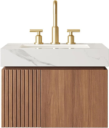 KEIKI 24 Inch Floating Bathroom Vanity with Sink, Brown Oak & White | Modern Wall Mounted Storage Cabinet with 2 Doors, Pre-assembled Wood Panels, Sintered Stone Top & Ceramic Basin Combo Set