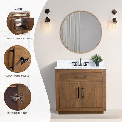 HOMEBEYOND 36" Bathroom Vanity with Single Sink & Ceramic Top, MDF Material Vanity Cabinet with Basin Combo, Soft-Closing Doors, Removable Shelf, Backsplash, Tan