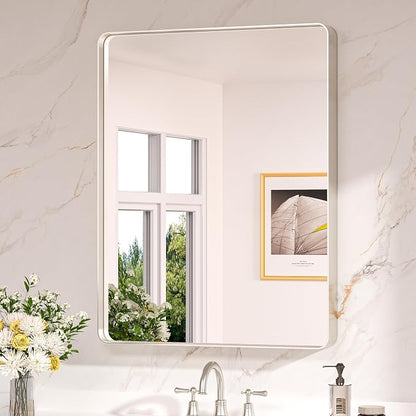 Keonjinn 28 x 36 Inch Brushed Nickel Bathroom Mirror, Tempered Glass | Rounded Rectangle Vanity Mirror, Silver Bathroom Mirrors for Over Sink, Rust-Resistant Aluminum Frame, French Cleat Mount