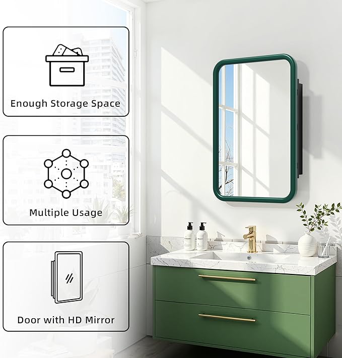 Casaphoria 30" H x 20" W Bathroom Medicine Cabinet with Mirror, Metal Frame Wall Medicine Cabinets Mirrors, Wall Mirror Cabinet, Green