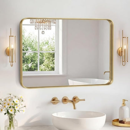 Sweetcrispy Bathroom Mirror 32x24 Inch, Vanity Mirror for Wall | Metal Framed Rounded Rectangle, Over Sink, Farmhouse, Restroom, Anti-Rust, Horizontal or Vertical Hanging, Gold