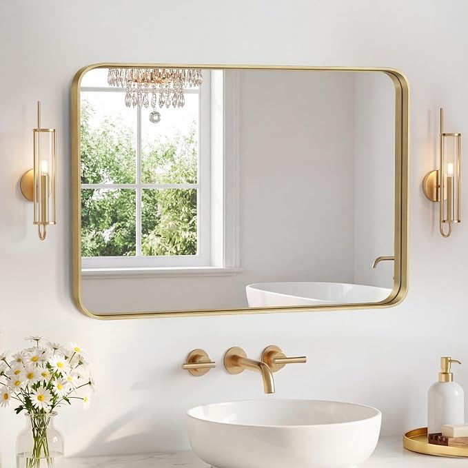 NEWBULIG 24"x40" Wall Mirror, Bathroom Mirrors for Over Sink, Glod | Matte Metal Framed Vanity Mirror with Tempered Glass, Entryway, Living Room, Bedroom