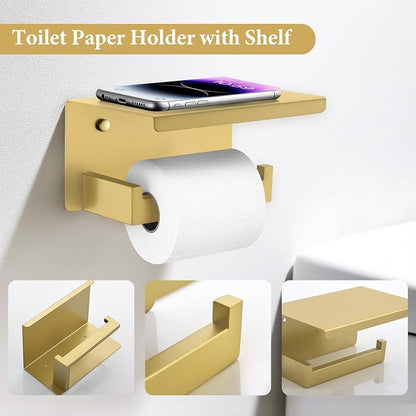 TURS Bathroom Hardware Set Brushed Gold 4-Piece Towel Bar Set Include 24 Inch Towel Bar Towel Ring Towel Hook Toilet Paper Holder with Shelf Wall Mounted.
