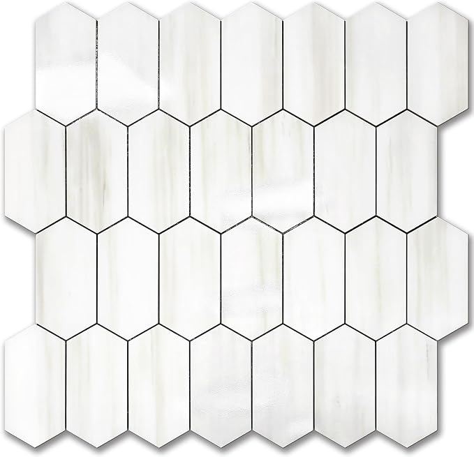 Vamos Tile Long Hexagon Peel and Stick Backsplash Tile - 10 Sheets Stick on Backsplash for Kitchen and Bathroom 12.4 x 12 Inch Glossy Dolomite White PVC Self Adhesive Mosaic Wall Tiles