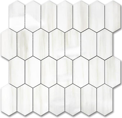 Vamos Tile Long Hexagon Peel and Stick Backsplash Tile - 10 Sheets Stick on Backsplash for Kitchen and Bathroom 12.4 x 12 Inch Glossy Dolomite White PVC Self Adhesive Mosaic Wall Tiles