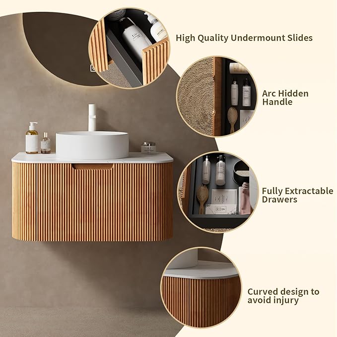 LKTART 30 Inch Floating Bathroom Vanity with Sink, Modern Wall Mounted Bathroom Storage Cabinet with Drawer, Round White Ceramic Sink Top and Marble Texture Top, Natural Wood