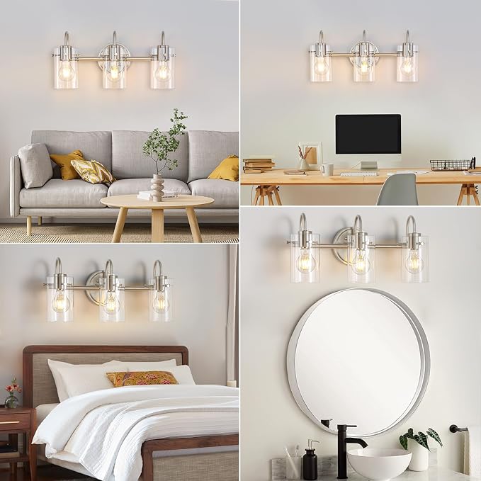 3 Lights Vanity Light Fixture, Brushed Nickel Bathroom Wall Sconce | Modern Wall Light with Clear Glass Shade Farmhouse Wall Mount Porch Wall Lamp for Mirror, Kitchen, Living Room, Workshop