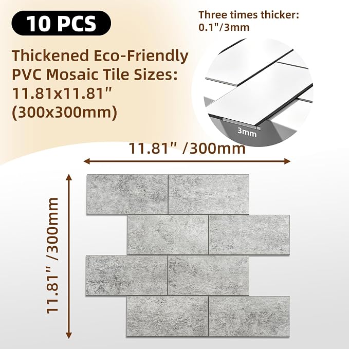 Peel and Stick Backsplash Tile for Kitchen & Bathroom Walls (Matte Grayish Textured, 10 Tiles - 9.7 sq. ft. (0.9 m²))