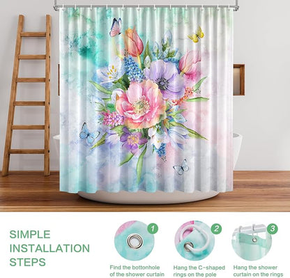Floral Shower Curtain, Watercolor Flowers Shower Curtain Summer Blooming Flowers Painting Shower Curtain Sets Waterproof Polyester Fabric Machine Washable Home Farmhouse Decor Bath Curtain