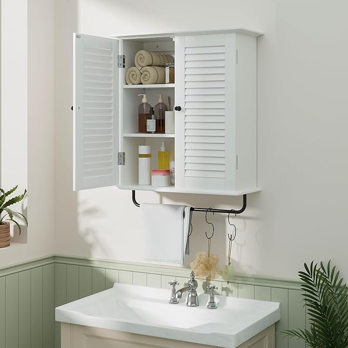 Bathroom Wall Cabinet, Over the Toilet Storage Cabinet, Wooden Wall Cabinet with 2 Doors & Hooks, White Wall Mounted Cabinet, Medicine Cabinet Organizer, Over Toilet Livingroom Kichen