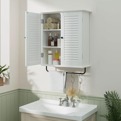 Bathroom Wall Cabinet, Over the Toilet Storage Cabinet, Wooden Wall Cabinet with 2 Doors & Hooks, White Wall Mounted Cabinet, Medicine Cabinet Organizer, Over Toilet Livingroom Kichen