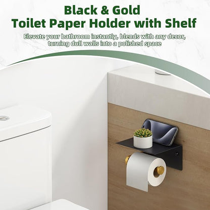 Toilet Paper Holder with Storage Shelf, Black & Gold, Wall Mounted | Rustproof 304 Stainless Steel, Fits for Bathroom, Restroom, Powder Room, Functional Paper Rolls & Phone Storage Tissue Holder