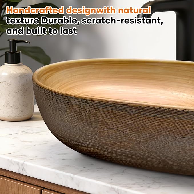 18.9" x 13.6'' Oval Vessel Sink, Retro Brown Ceramic Counter Sink | Hand-Colored Retro Brown Finish, Durable Ceramic, Oval Deep Basin, Above Counter Mount, Smooth Glaze For Easy Daily Cleaning
