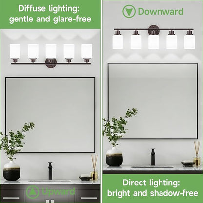 5-Light Bathroom Light Fixtures, Oil-Rubbed Bronze Gold Vanity Lights for Mirror with Textured Milky White Glass Shade, E26 Modern Kitchen Light Fixtures Wall Sconce Light