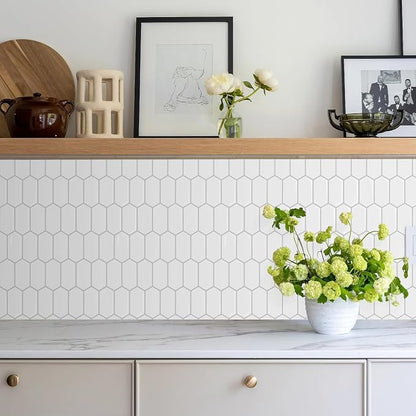 Vamos Tile Thicker Design Long Hexagon Peel and Stick Backsplash Tile | 10-Sheet Pure White with Gray Grout Self Adhesive Wall Tiles Stick On Backsplash for Kitchen Bathroom RV Fireplace