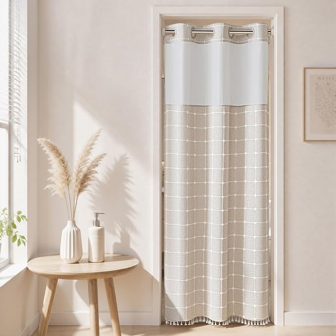 RiverDream Farmhouse No Hooks Shower Curtain with Snap-in Liner,Linen,36x74 | Snap on Fabric Liner,Heavy Duty,Quick Dry,Mesh Top Window,With Bottom Magnets,Washable,with Tassels,Stall Size