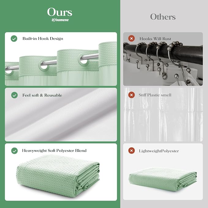 Mint Green Hook Free Waffle Shower Curtain & Snap-in Liner,72x81 | Less Time to install, 3 in 1 Fabric Shower Curtain and Liner Set with Magnets, Long, Shower Curtains for Bathroom