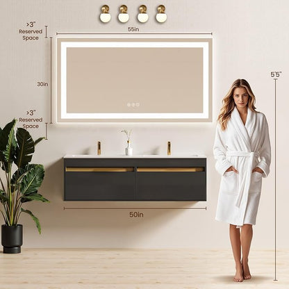 55x30 LED Bathroom Mirror with Anti-Fog, Backlit & Front Lit, Memory | Stepless Dimmable 3 Color CRI 95+ Shatterproof Tempered Glass ETL Listed for Safety Lighted Bathroom Vanity Mirror for Wall