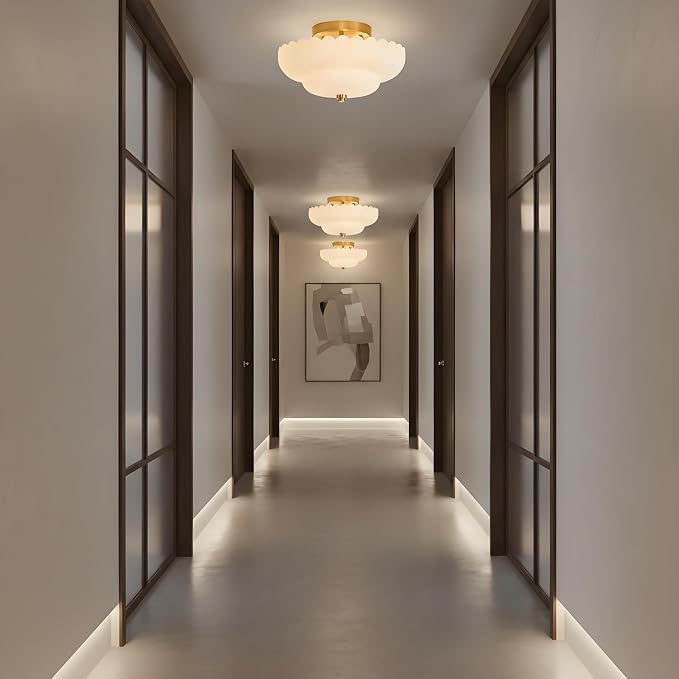 Glass Semi Flush Mount Ceiling Light Fixture,Gold,11.8 in,3-Lights | Milk White Frosted Glass,E26 Base,Support Dimmable,for Hallway,Bedroom,Bathroom,Entryway,Kitchen,Foyer,Closet,Laundry Room