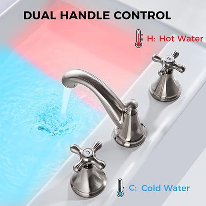 Vintage Widespread Bathroom Faucet - 2 Handle 3-Hole Sink Faucet Brushed Nickel Brass, Drip-Free Ceramic Disc Cartridge, Adjustable 8 to 16 Inch Installation