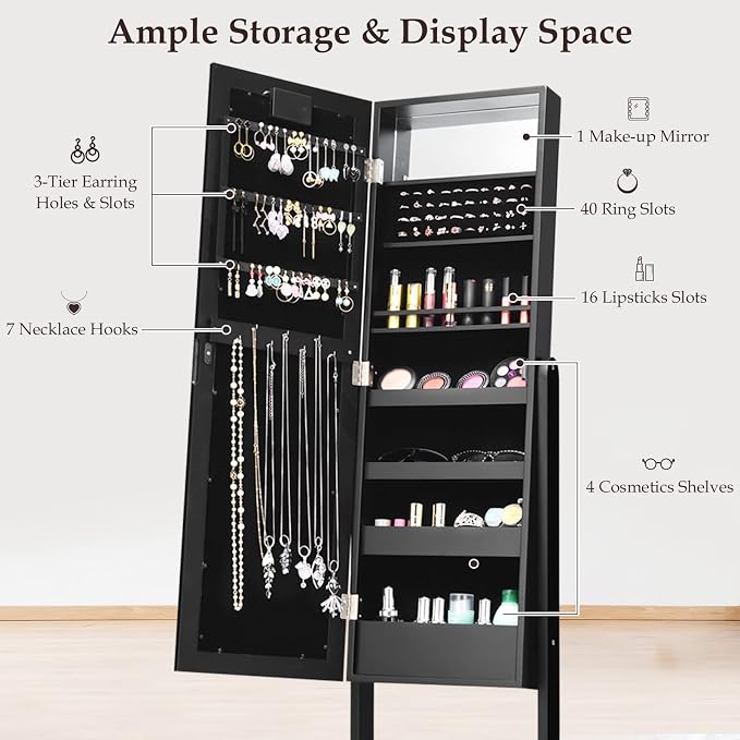 Moccha 18 LEDs Standing Jewelry Armoire, Large Lockable Jewelry Organizer, Mirrored Jewelry Cabinet with Full Length Mirror, 1 Inside Makeup Mirror, 4 Storage Shelves, 16 Lipstick Holders, Black