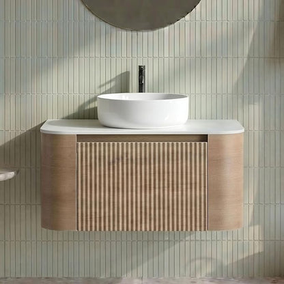 30" Preassembled Floating Bathroom Vanity with Round Sink, Oak | Mid-Century Modern Style, Fluted & Soft-Close Drawer with U-shaped Wall, Sinterted Stone Countertop, Towel Rack Included