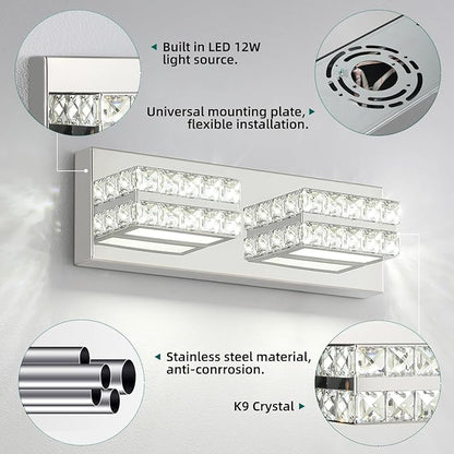 OKELI Crystal Bathroom Lighting Fixtures Over Mirror 2 Light Chrome Vanity Light Modern Vanity Wall Light for Washbasin, Dressing Table, 18W, Dimmable Cold White