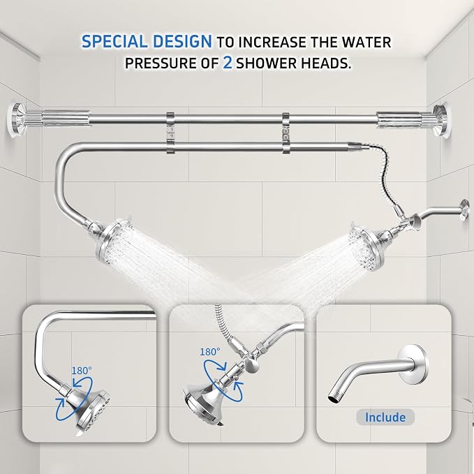 OURBAOFU Tandem Shower Heads, Double Shower Head for Couples, Dual Shower Head System for Two People, High Pressure and Adjustable Double Shower Heads (Silver) | Double Shower Head High Water Pressure,Adjustable 360° Rotation,48–78 In for bathrooms,Sta...