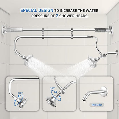 OURBAOFU Tandem Shower Heads, Double Shower Head for Couples, Dual Shower Head System for Two People, High Pressure and Adjustable Double Shower Heads (Silver) | Double Shower Head High Water Pressure,Adjustable 360° Rotation,48–78 In for bathrooms,Sta...