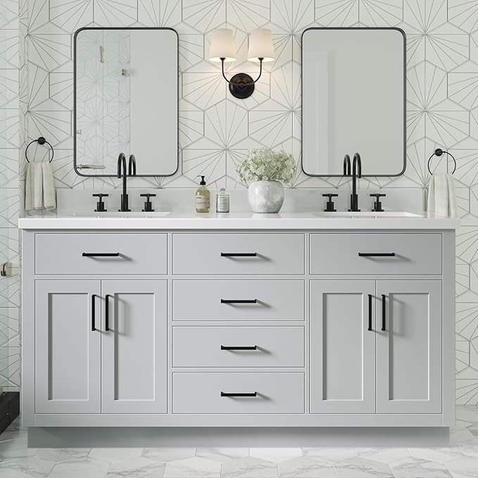 ARIEL Hepburn 66-inch Bathroom Vanity Base Cabinet,Solid Wood, 4 Soft Closing Doors, 6 Dovetail Drawers, Grey