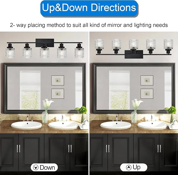 MELUCEE 5 Lights Black Bathroom Light Fixture Modern Light Fixtures | Wall Mounted Modern Vanity Lighting with Hammered Glass Shade Suitable for Bathroom Mirror Sink Cabinet