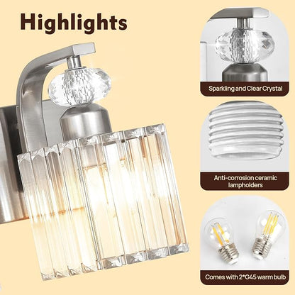 Modern Bathroom Vanity Light, 2-Light Nickel Bathroom Lighting Fixtures Over Mirror, 12.6" Crystal Wall Light Sconce for Bathroom/Bedroom/Vanity, Includes LED Bulbs, Easy Installation