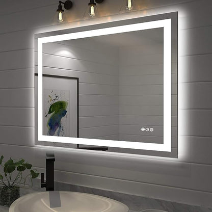 LED Bathroom Mirror 40"X32" with Front Light and Backlit | Stepless Dimmable, Anti-Fog, Shatter-Proof, HD Reflection, Memory, 3 Colors Lighting, UL Listed (Horizontal/Vertical)