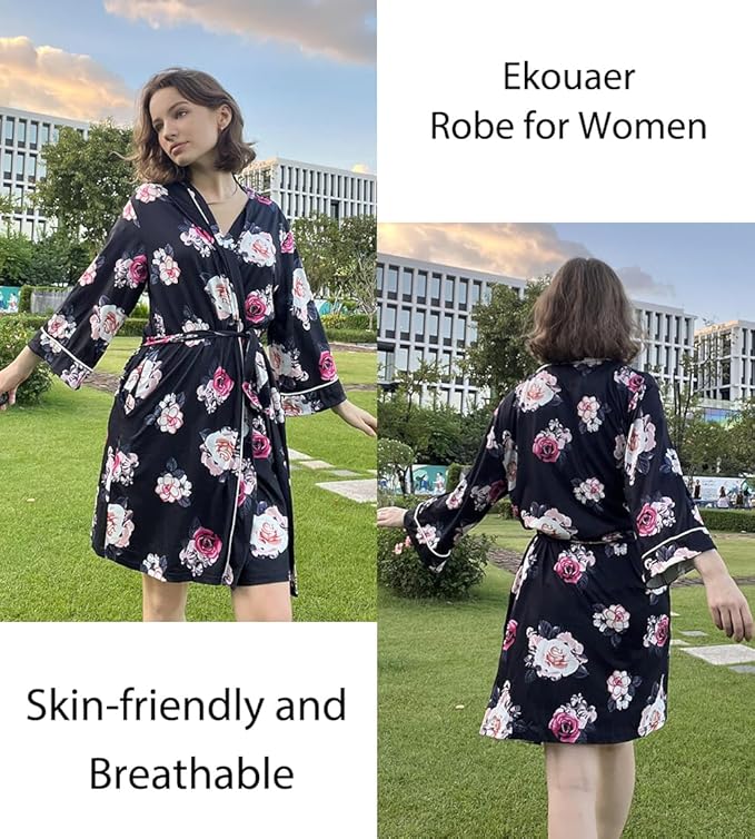 Ekouaer Women Kimono Robes Knee Length Knit Bathrobe Lightweight Soft Sleepwear V-neck Casual Ladies Loungewear