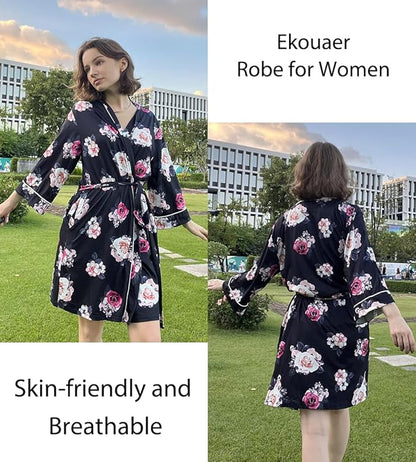 Ekouaer Women Kimono Robes Knee Length Knit Bathrobe Lightweight Soft Sleepwear V-neck Casual Ladies Loungewear