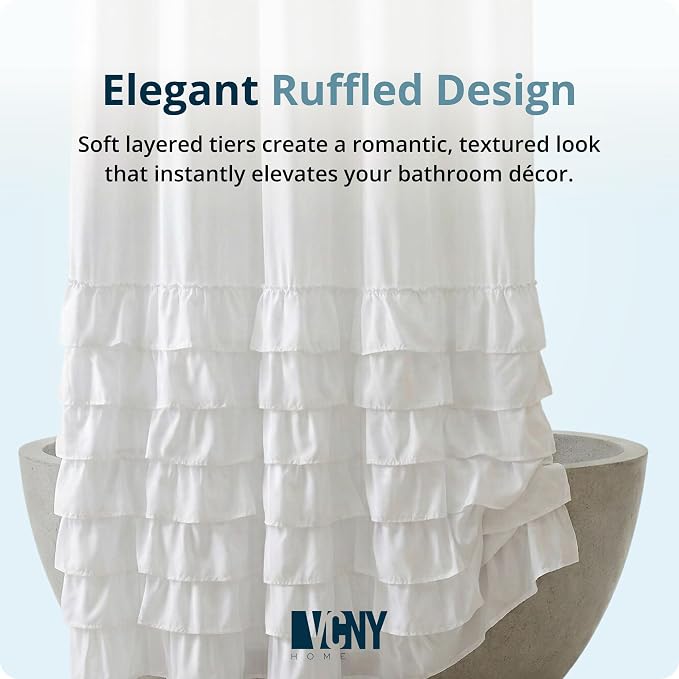 VCNY Home Ruffled Tier Fabric Shower Curtain, Melanie White - 72" x 72" | 100% Polyester | Long Lasting & Easy Clean | Sophisticated Design | Pair with Shower Curtain Liner & Hooks (Not Included)