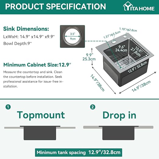 YITAHOME Black Drop In Kitchen Small Sink 15in Topmount Stainless Steel | Single Bowl for Workstation, Bar 15 x 15 x 10 Inch