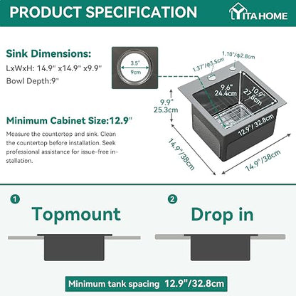 YITAHOME Black Drop In Kitchen Small Sink 15in Topmount Stainless Steel | Single Bowl for Workstation, Bar 15 x 15 x 10 Inch
