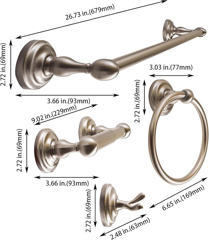 SENTO ROBIKI Modern Nickel Bathroom Hardware Accessories Set, Includes Robe Hook, Toilet Paper Holder, Towel Ring, 24" Towel Bar, Duty Metal Bath Hardware Set Wall Mounted(4-Piece, Satin Nickel)