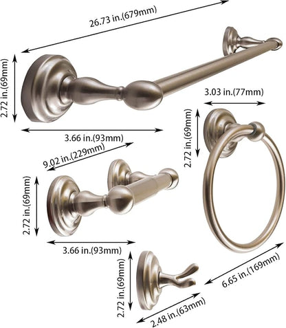 SENTO ROBIKI Modern Nickel Bathroom Hardware Accessories Set, Includes Robe Hook, Toilet Paper Holder, Towel Ring, 24" Towel Bar, Duty Metal Bath Hardware Set Wall Mounted(4-Piece, Satin Nickel)