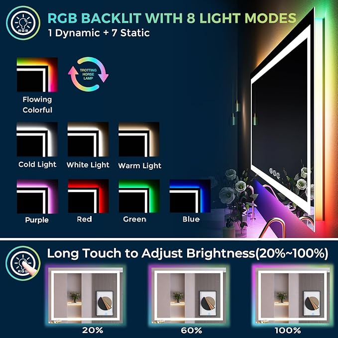 40x36 LED Bathroom Mirror with Lights, RGB Backlit Lighted Mirror | Backlit and Front Light, Anti-Fog, 3 Color Dimmable, Memory, Tempered Glass, IP54 Waterproof, UL Listed