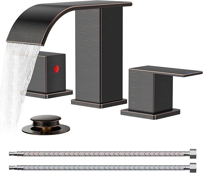 FORIOUS Oil Rubbed Bronze Bathroom Faucets 3 Hole, Waterfall Square 8 Inch Widespread Bathroom Sink Faucet with Metal Pop-up Drain and Supply Lines, Two Handles for Vanity, RV, Farmhouse