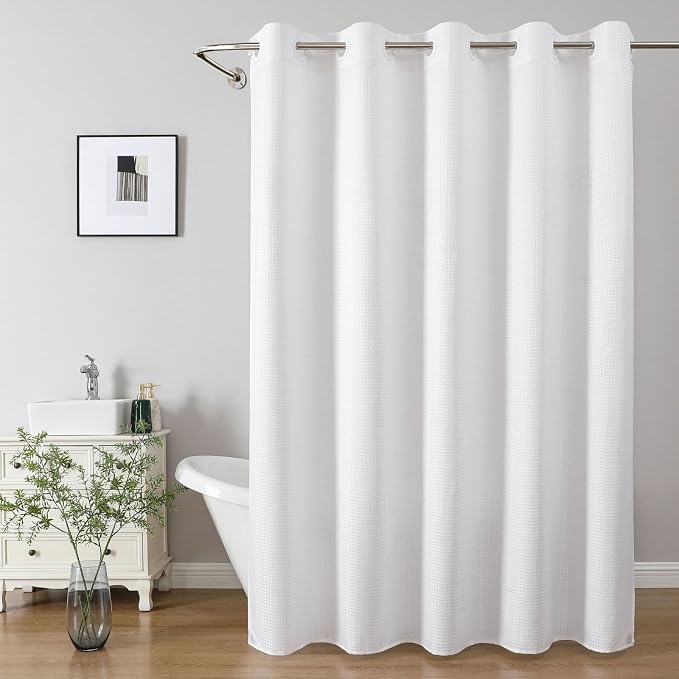 eachope No Hook Waffle Shower Curtain, No Liner Needed, 71x80 Inch, White | 100% waterproof TPU-laminated backing, magnetic weighted hem, machine washable, shower curtain set for bathroom or hotel use
