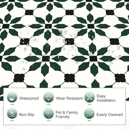 MORCART 20PCS 7.87" x 7.87" Peel and Stick Floor Tile, Black Green | Self-Adhesive DIY Vinyl Flooring, Removable and Waterproof Tile Sticker for Bathroom, Kitchen, Wall, Bedroom, Stairs