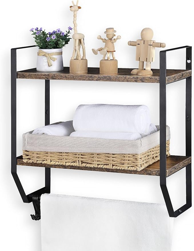OYEAL Bathroom Shelf with Towel Bar Wall Mounted Towel Rack | Rustic Towel Shelf for Bathroom with 5 Hooks, 2 Tier Shelf Storage Organizer for Living Room, Kitchen, Bedroom, Rustic Brown