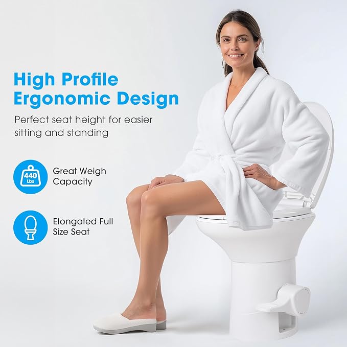 AW RV Toilet Porcelain Enamel & HDPE Gravity Flush Camper Trailer Toilet | Elongated 20" High Profile Foot Pedal Flush Motorhome Caravan